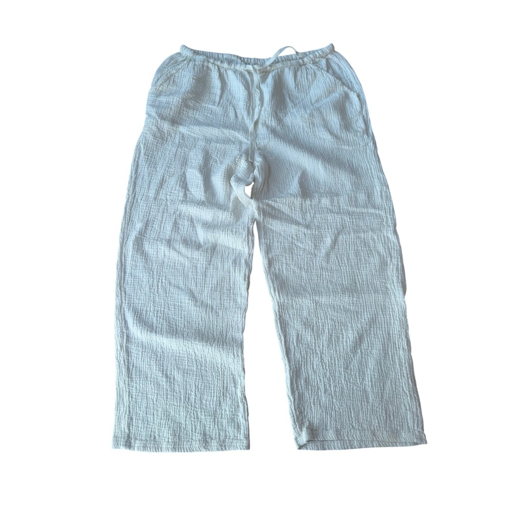 O'Neill White Gauze Wide Leg Beach Pants Large Drawstring Elastic Waist Pockets